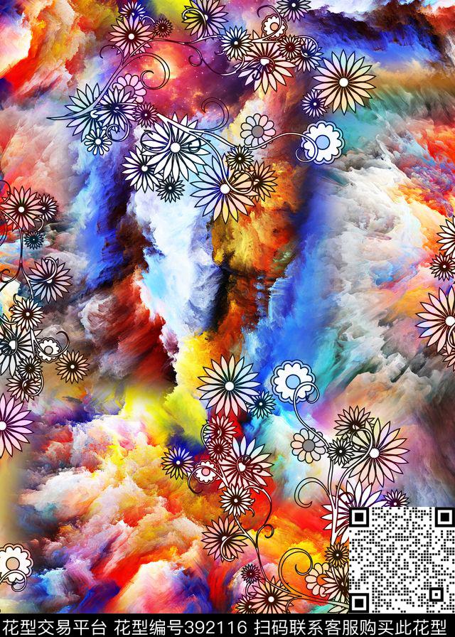 云彩花卉四方连续数码印花华亿平台下载（图片编号: 392116） - 瓦栏（Walan）