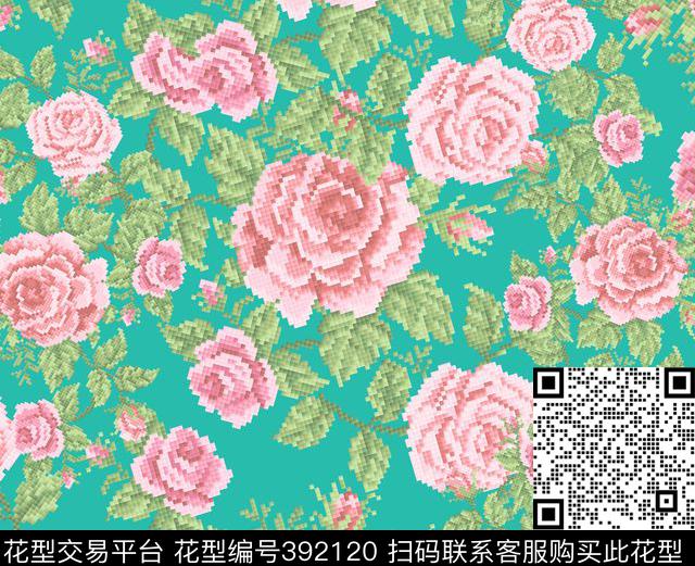中国风玫瑰花十字绣效果数码印花华亿平台下载（图片编号: 392120） - 瓦栏（Walan）