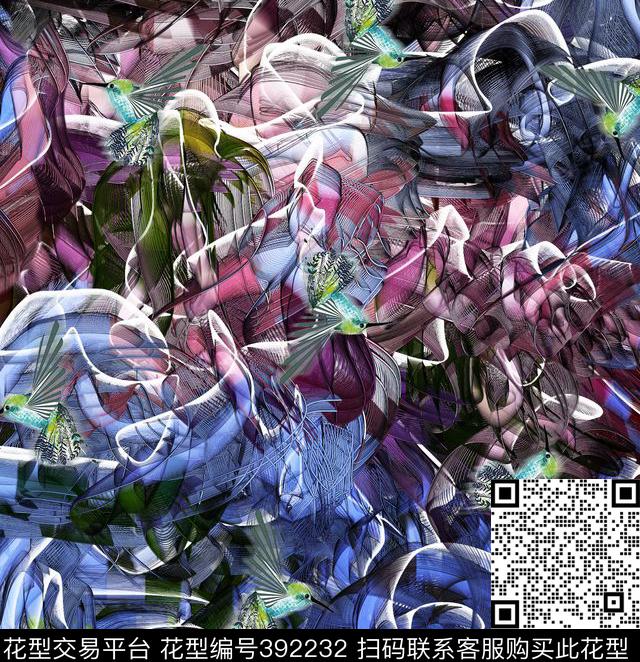 抽象涂鸦线条鸟数码印花华亿平台下载（图片编号: 392232） - 瓦栏（Walan）