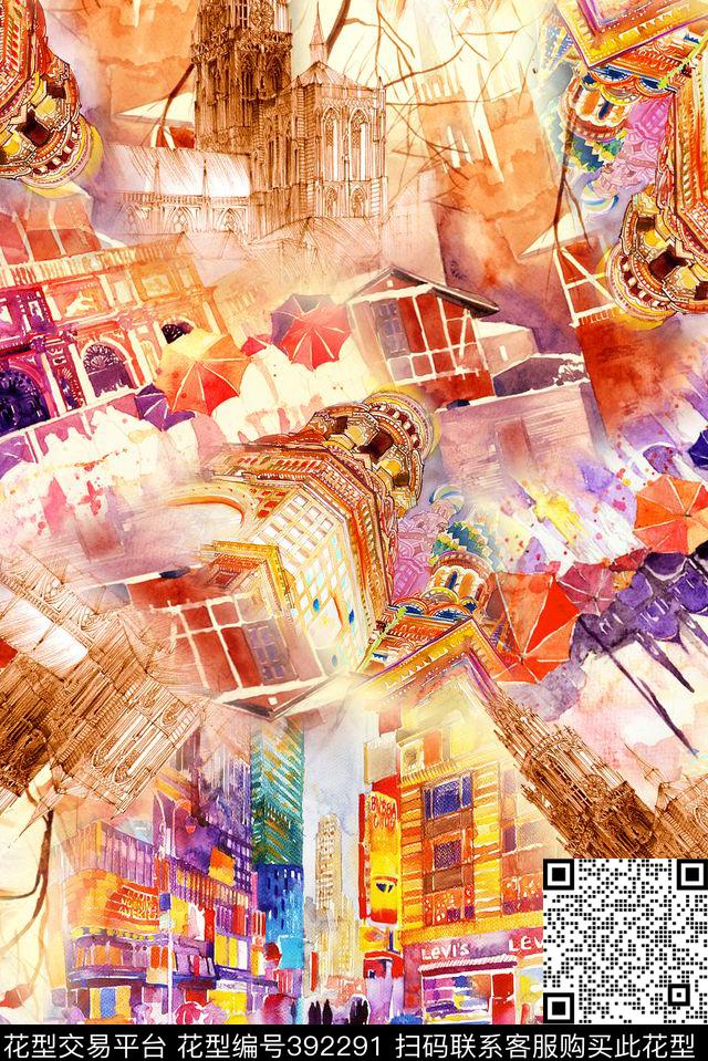 插画建筑手绘数码印花华亿平台下载（图片编号: 392291） - 瓦栏（Walan）