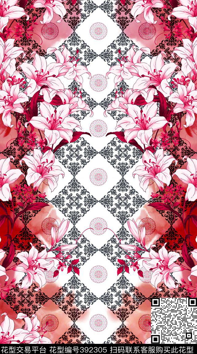 定位格子花卉传统印花华亿平台下载（图片编号: 392305） - 瓦栏（Walan）