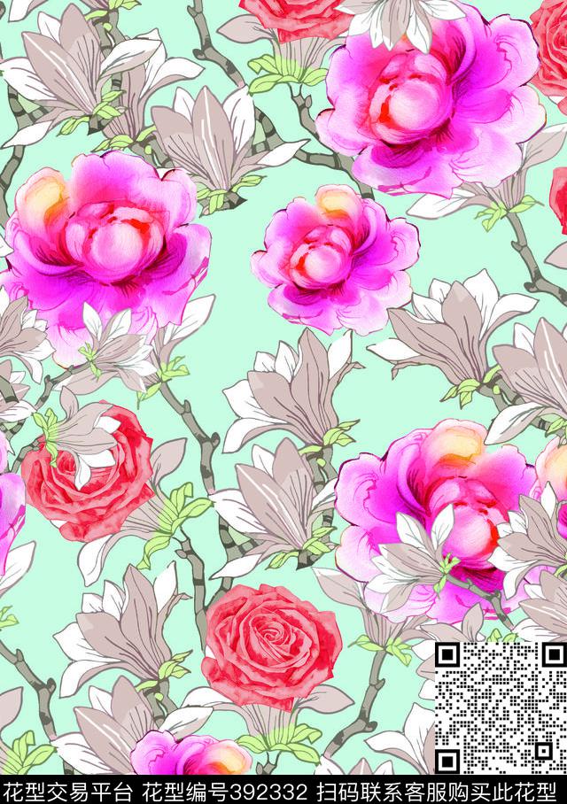 花卉手绘花卉数码印花华亿平台下载（图片编号: 392332） - 瓦栏（Walan）