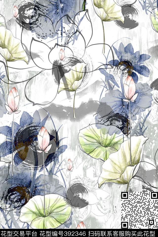 中国风荷花墨色数码印花华亿平台下载（图片编号: 392346） - 瓦栏（Walan）