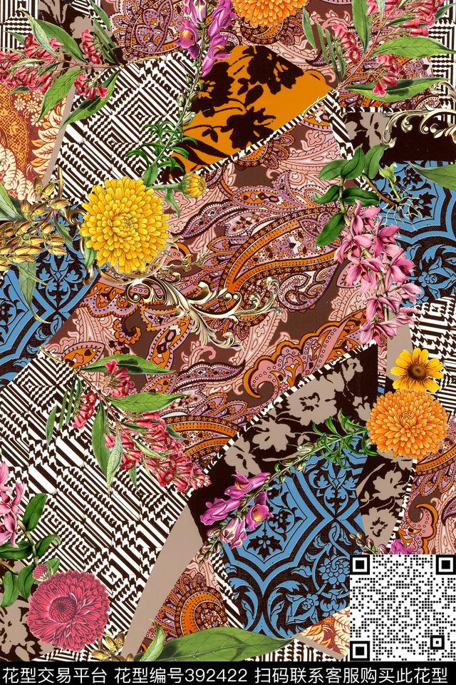 欧式拼接花卉数码印花华亿平台下载（图片编号: 392422） - 瓦栏（Walan）
