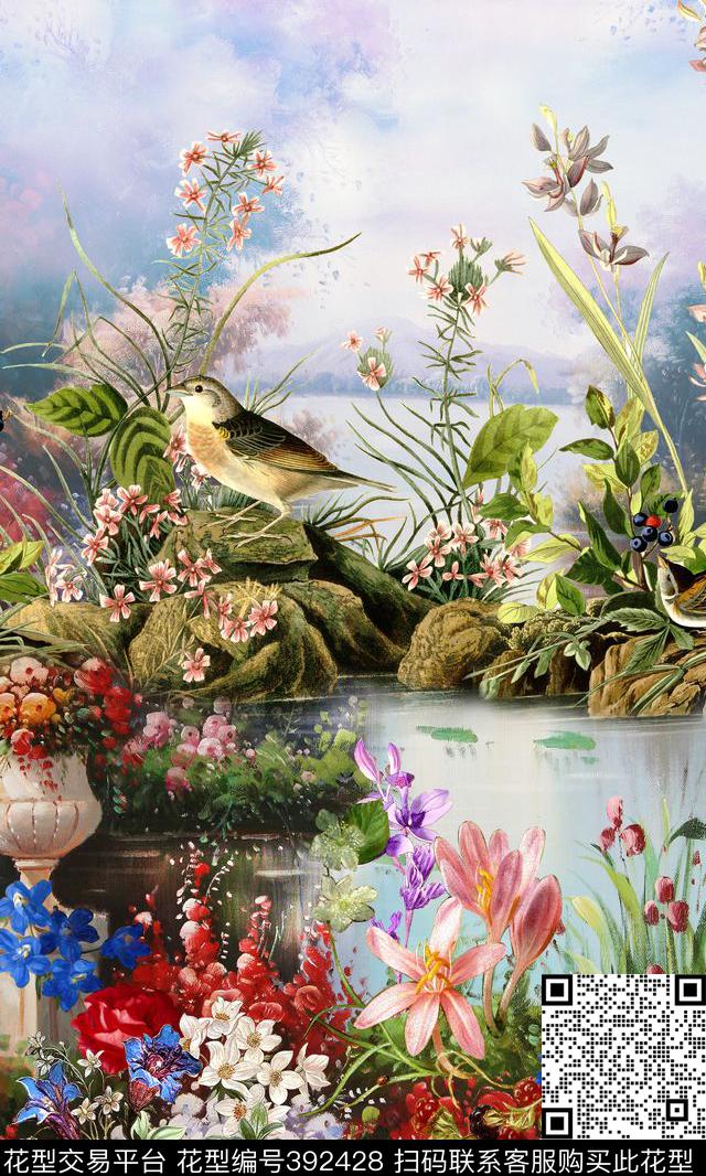 田园风风景小鸟数码印花华亿平台下载（图片编号: 392428） - 瓦栏（Walan）