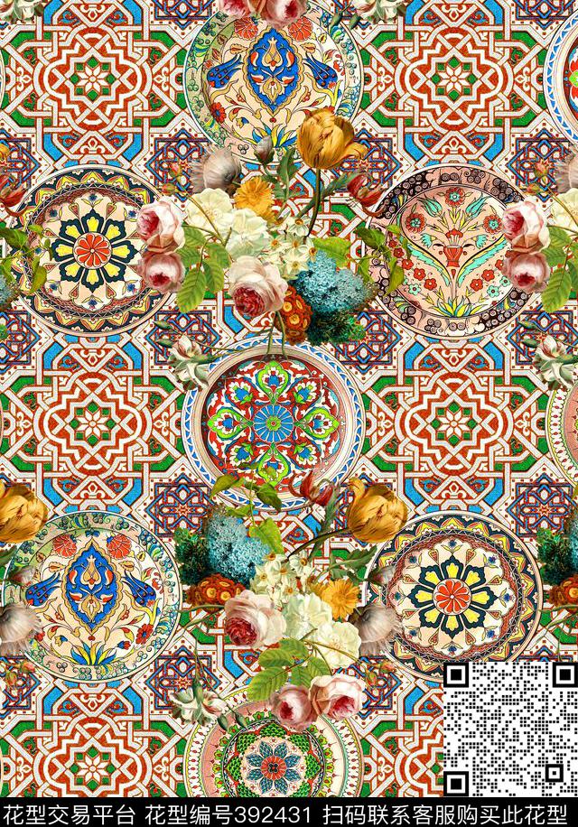 民族风几何花卉数码印花华亿平台下载（图片编号: 392431） - 瓦栏（Walan）