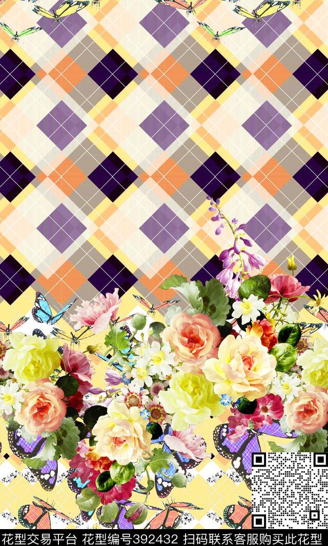 少女风几何格子蝴蝶数码印花华亿平台下载（图片编号: 392432） - 瓦栏（Walan）