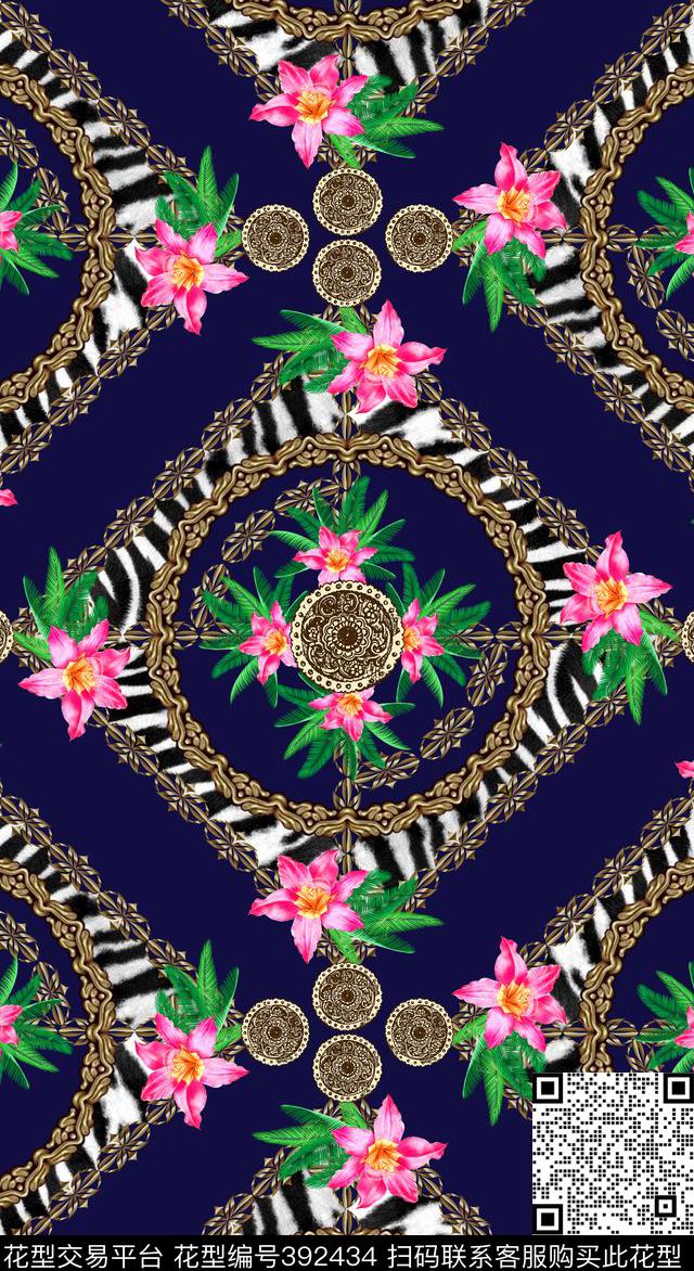 方巾拼接欧式链条热带花卉数码印花华亿平台下载（图片编号: 392434） - 瓦栏（Walan）