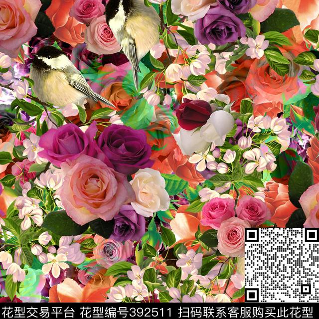 花鸟流行风格玫瑰数码印花华亿平台下载（图片编号: 392511） - 瓦栏（Walan）