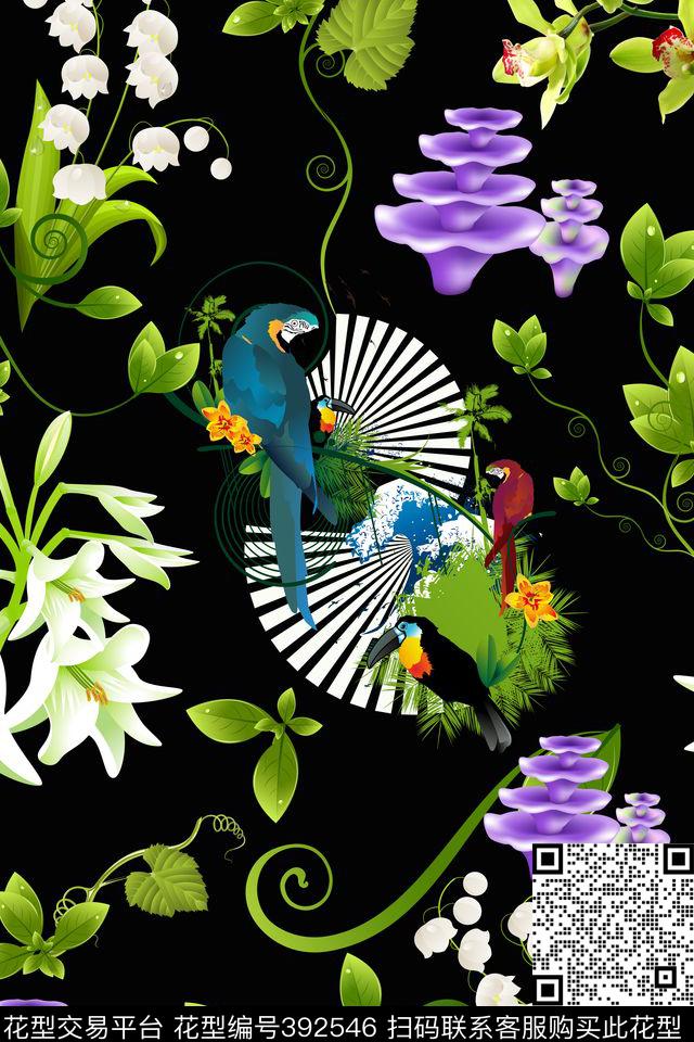 花贲绿叶鸟花流行时尚花卉数码印花华亿平台下载（图片编号: 392546） - 瓦栏（Walan）