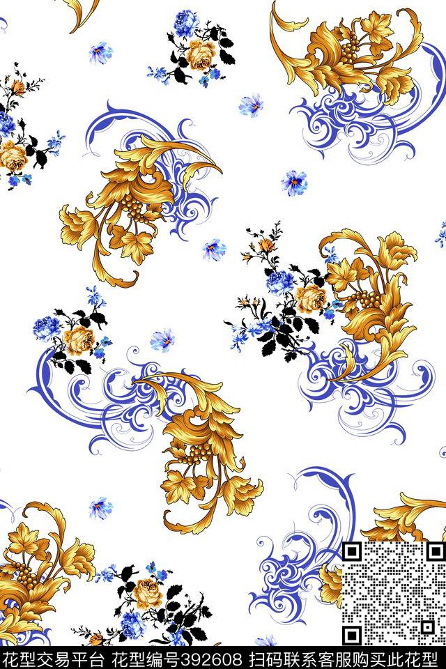 青花瓷花中国风花纹清新时尚传统印花华亿平台下载（图片编号: 392608） - 瓦栏（Walan）