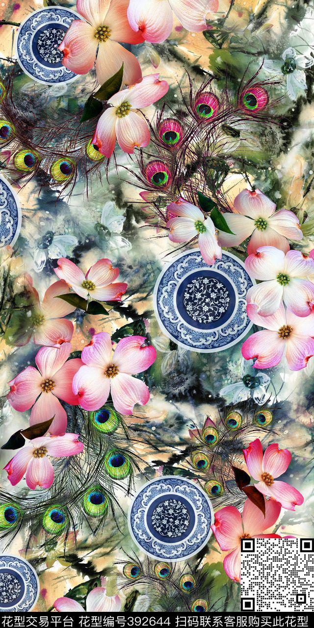 中国风孔雀毛荷花底艺彩——复古中国风数码印花华亿平台下载（图片编号: 392644） - 瓦栏（Walan）