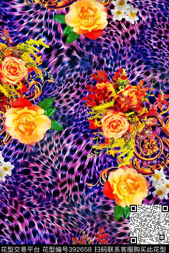 豹纹欧式金属花卉女装数码印花华亿平台下载（图片编号: 392658） - 瓦栏（Walan）