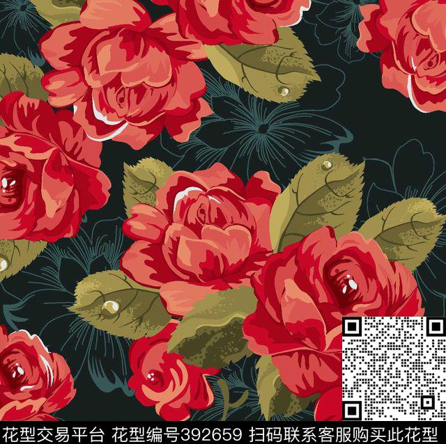抽象玫瑰花传统印花华亿平台下载（图片编号: 392659） - 瓦栏（Walan）