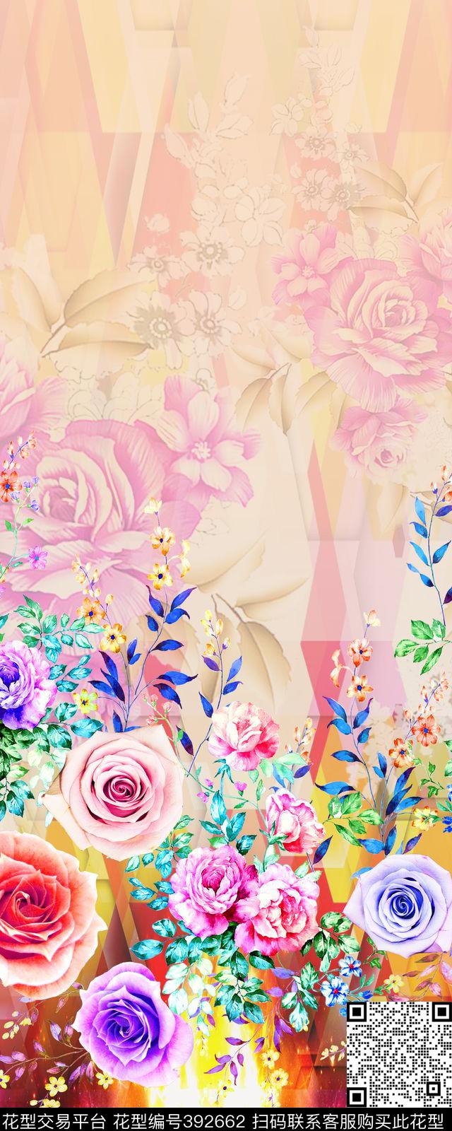 花卉渐变定位数码印花华亿平台下载（图片编号: 392662） - 瓦栏（Walan）