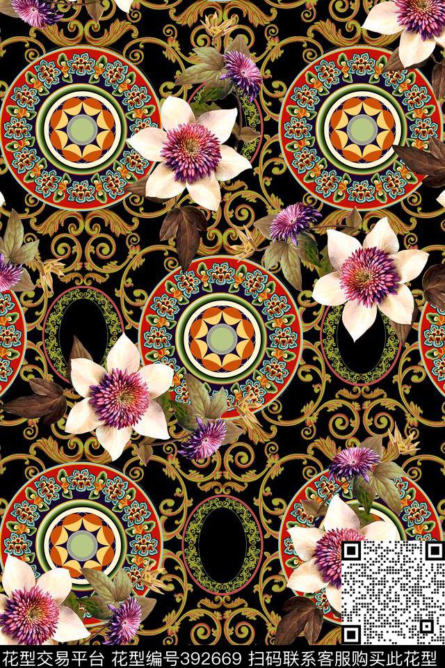 大气复古圆盘手绘花卉黑底数码印花华亿平台下载（图片编号: 392669） - 瓦栏（Walan）