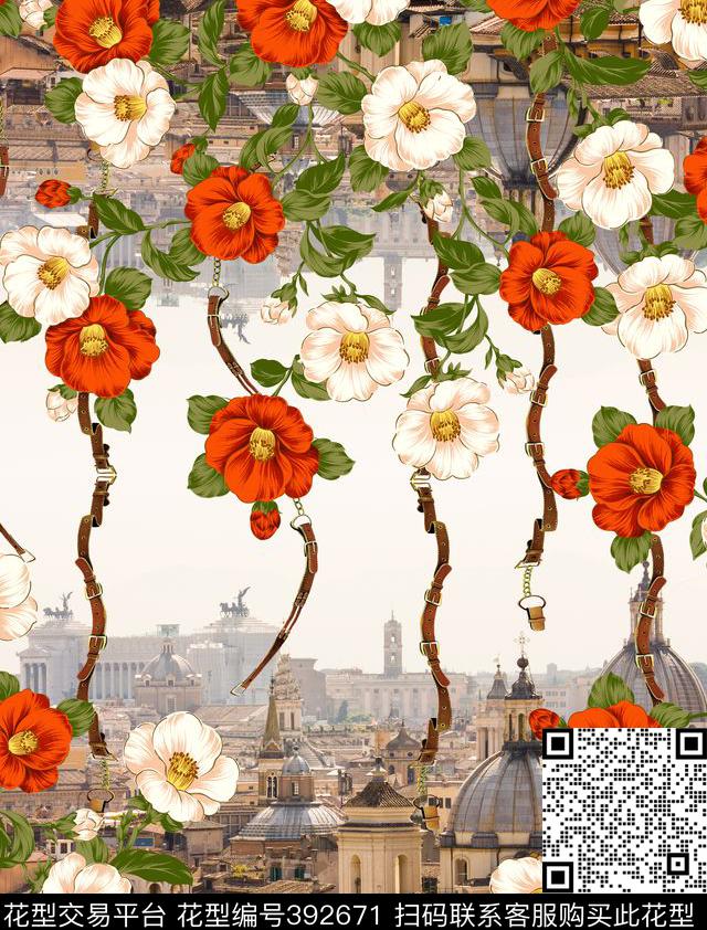 时尚风景建筑链条上的花卉数码印花华亿平台下载（图片编号: 392671） - 瓦栏（Walan）
