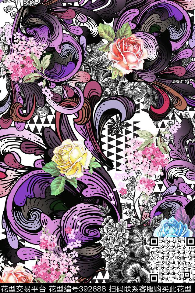 玫瑰几何花卉数码印花华亿平台下载（图片编号: 392688） - 瓦栏（Walan）