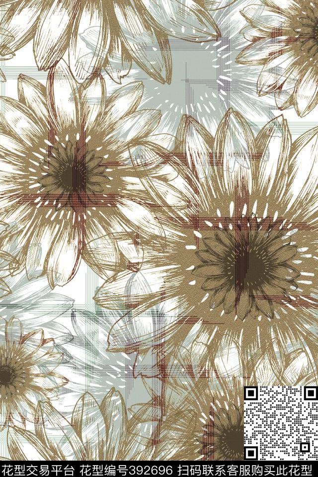 花卉手绘条纹传统印花华亿平台下载（图片编号: 392696） - 瓦栏（Walan）