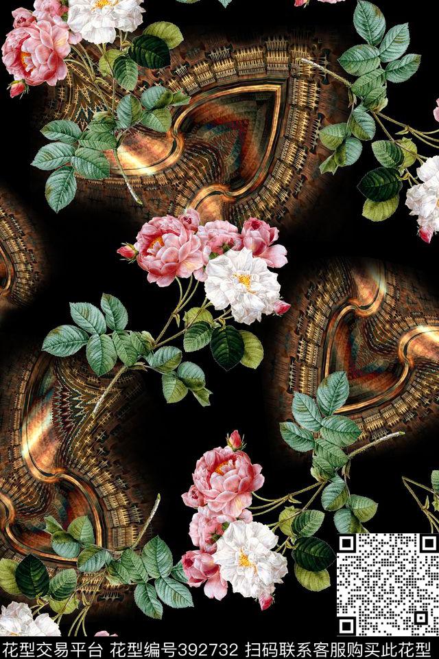 抽象肌理手绘花卉黑底中老年装数码印花华亿平台下载（图片编号: 392732） - 瓦栏（Walan）