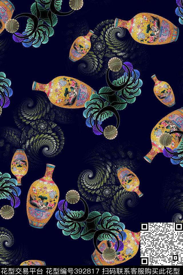 抽象图案花瓶中式图案数码印花华亿平台下载（图片编号: 392817） - 瓦栏（Walan）