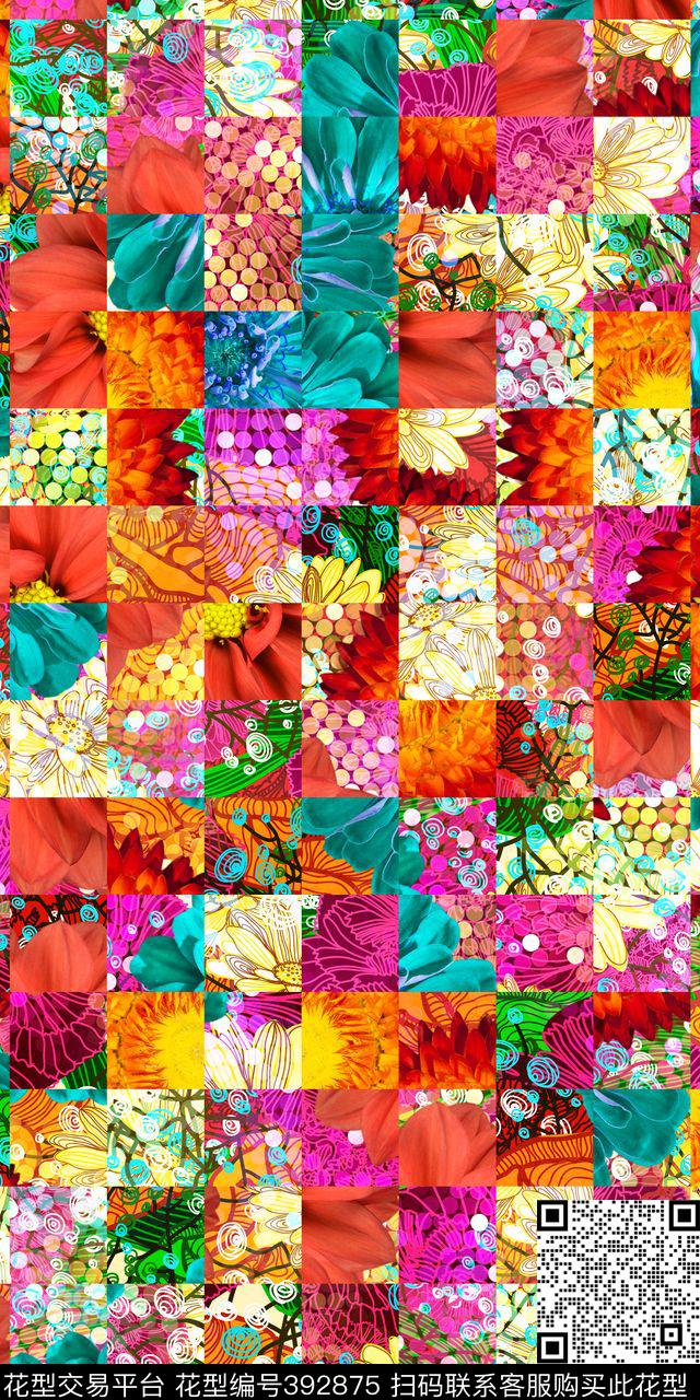 多彩格子花卉数码印花华亿平台下载（图片编号: 392875） - 瓦栏（Walan）