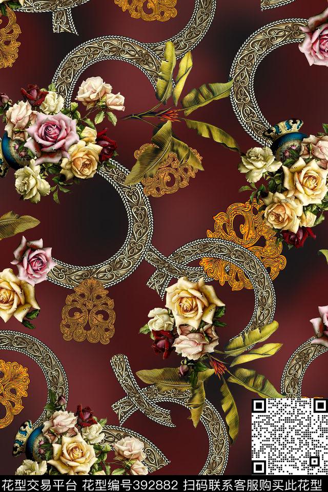 花瓶树叶中式纹样数码印花华亿平台下载（图片编号: 392882） - 瓦栏（Walan）