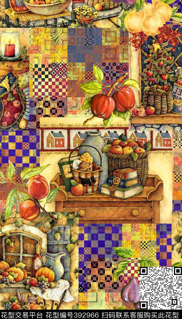 复古几何格子水果数码印花华亿平台下载（图片编号: 392966） - 瓦栏（Walan）