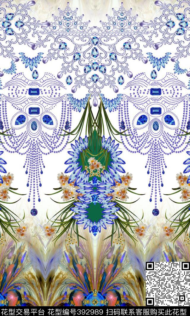 珠宝抽象羽毛链条数码印花华亿平台下载（图片编号: 392989） - 瓦栏（Walan）