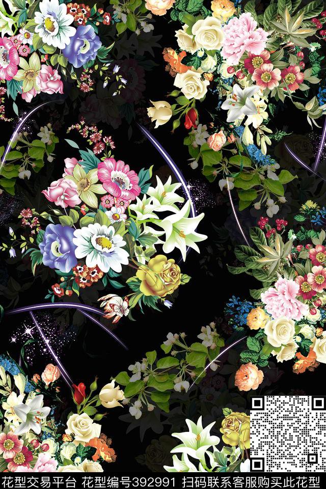 休闲夜光黑系花贲流行时尚花卉数码印花华亿平台下载（图片编号: 392991） - 瓦栏（Walan）