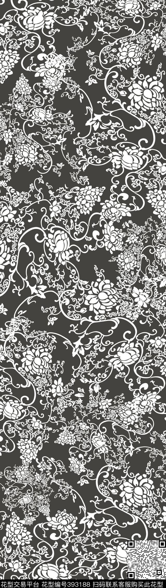 复古花卉单色华亿平台传统印花华亿平台下载（图片编号: 393188） - 瓦栏（Walan）