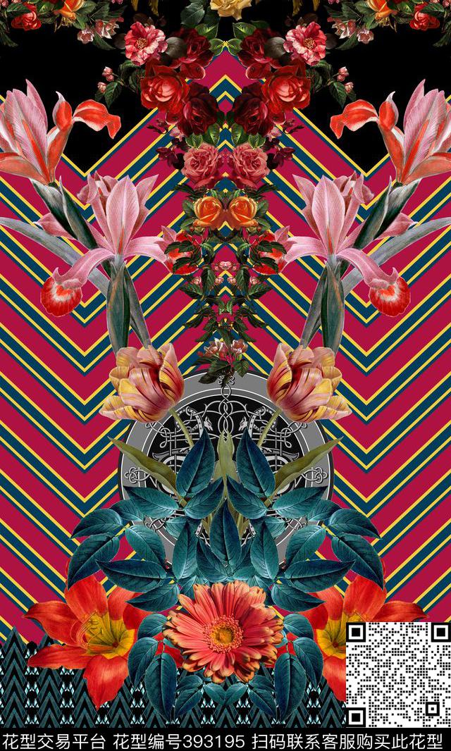 几何线条手绘大花圆盘图案数码印花华亿平台下载（图片编号: 393195） - 瓦栏（Walan）