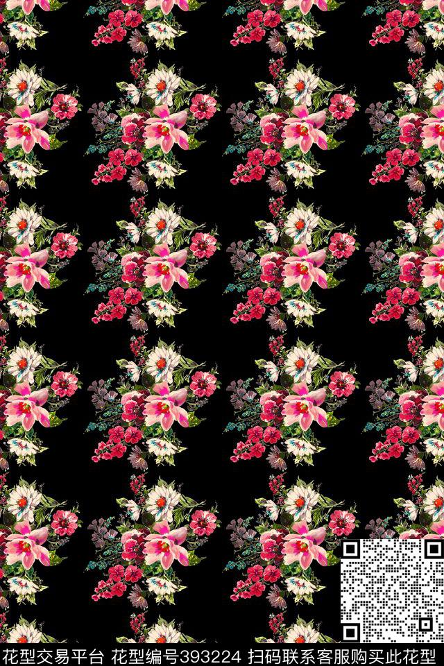 老人黑底手绘花卉传统印花华亿平台下载（图片编号: 393224） - 瓦栏（Walan）