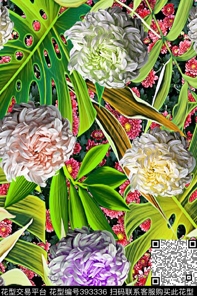 花卉菊花树叶数码印花华亿平台下载（图片编号: 393336） - 瓦栏（Walan）