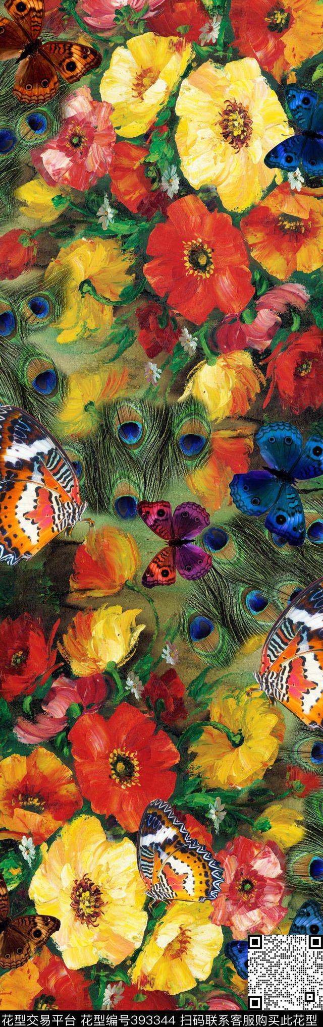 宫廷富贵孔雀手绘花卉数码印花华亿平台下载（图片编号: 393344） - 瓦栏（Walan）