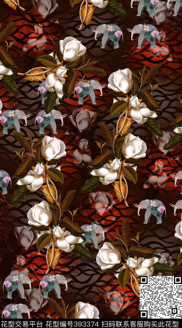 花卉大象线条数码印花华亿平台下载（图片编号: 393374） - 瓦栏（Walan）