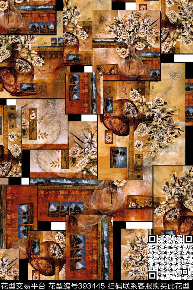 花卉油画几何拼贴流行元素数码印花华亿平台下载（图片编号: 393445） - 瓦栏（Walan）