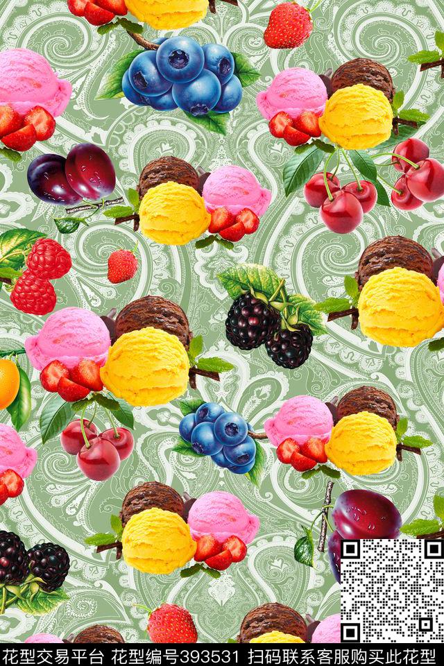 食物卷草纹。水果冰淇淋数码印花华亿平台下载（图片编号: 393531） - 瓦栏（Walan）