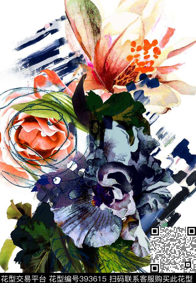 抽象花卉手绘数码印花华亿平台下载（图片编号: 393615） - 瓦栏（Walan）