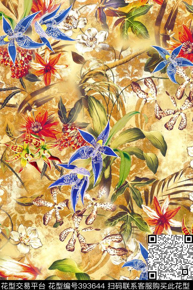 复古兰花花卉数码印花华亿平台下载（图片编号: 393644） - 瓦栏（Walan）
