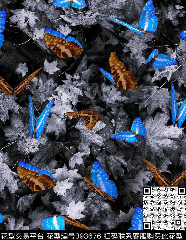 休闲蝴蝶枫叶数码印花华亿平台下载（图片编号: 393676） - 瓦栏（Walan）