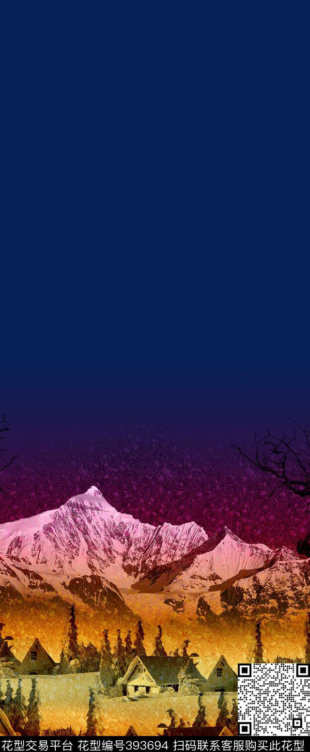 休闲风山峰建筑植物49.9*120cm\300dpi\tiff数码印花华亿平台下载（图片编号: 393694） - 瓦栏（Walan）