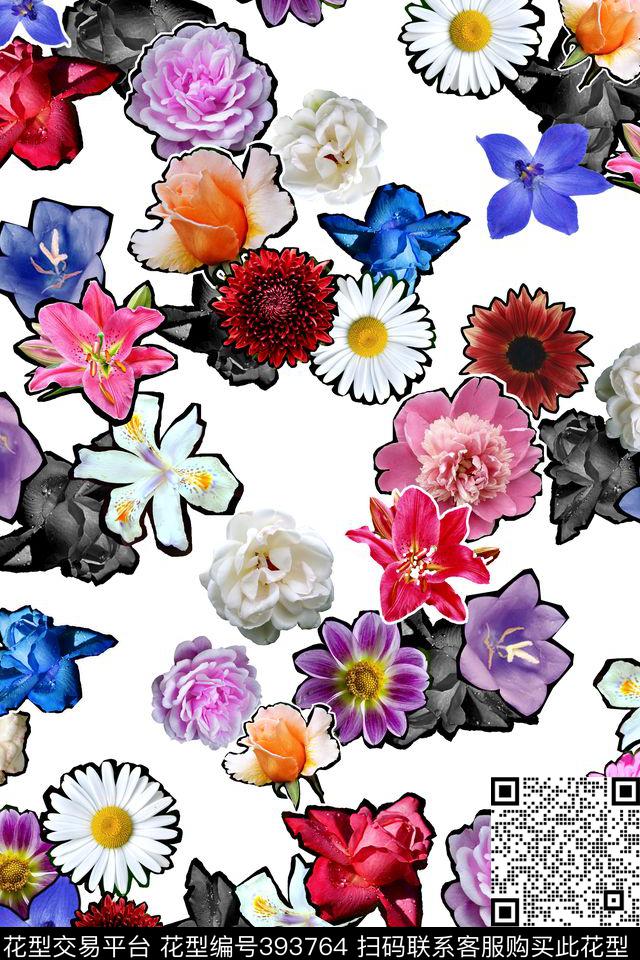 写实花卉描边白底数码印花华亿平台下载（图片编号: 393764） - 瓦栏（Walan）