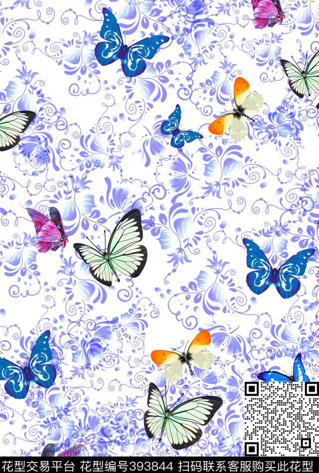 蝴蝶中国风动物花卉组合数码印花华亿平台下载（图片编号: 393844） - 瓦栏（Walan）