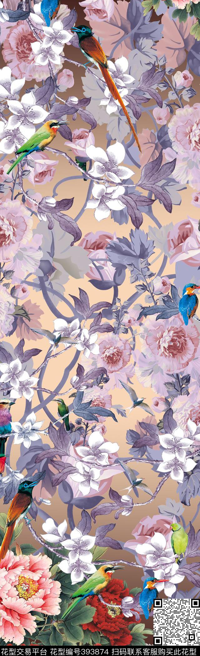 花鸟中国风长巾数码印花华亿平台下载（图片编号: 393874） - 瓦栏（Walan）