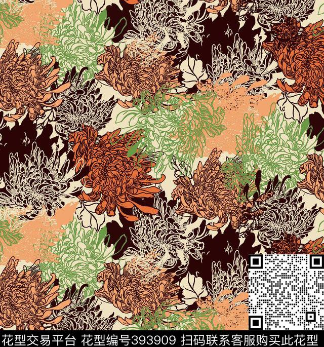 流行时尚花卉抽象几何花卉传统印花华亿平台下载（图片编号: 393909） - 瓦栏（Walan）