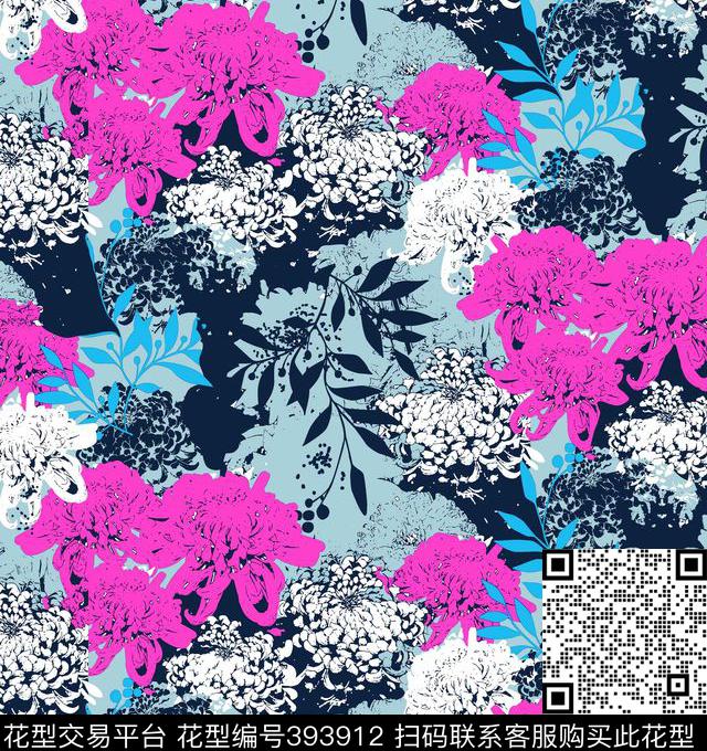 抽象花抽象几何花卉复古花卉传统印花华亿平台下载（图片编号: 393912） - 瓦栏（Walan）