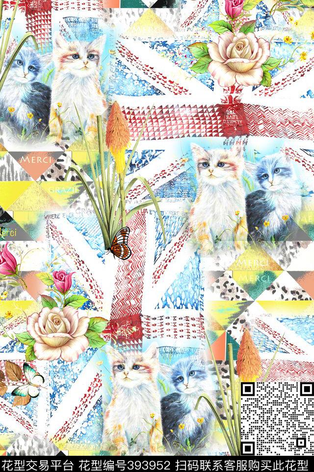 英伦小猫花卉数码印花华亿平台下载（图片编号: 393952） - 瓦栏（Walan）
