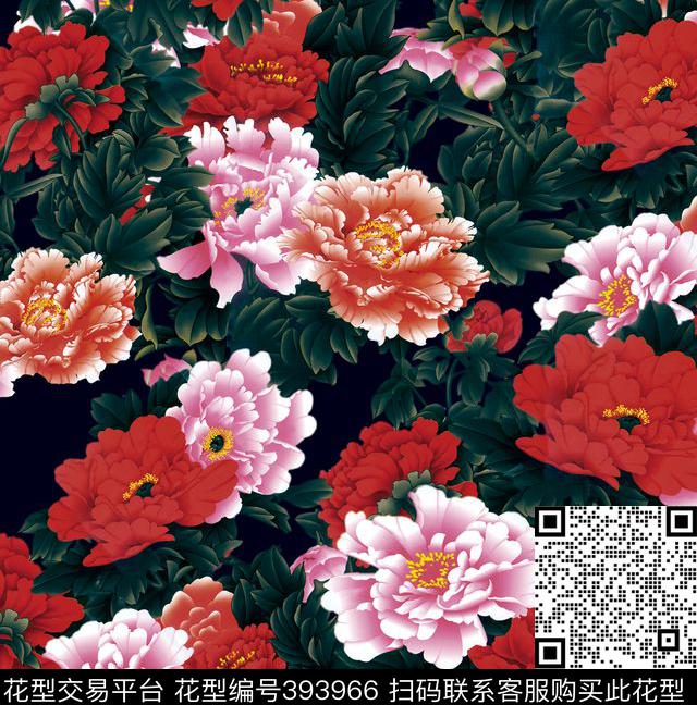 花卉牡丹手绘数码印花华亿平台下载（图片编号: 393966） - 瓦栏（Walan）