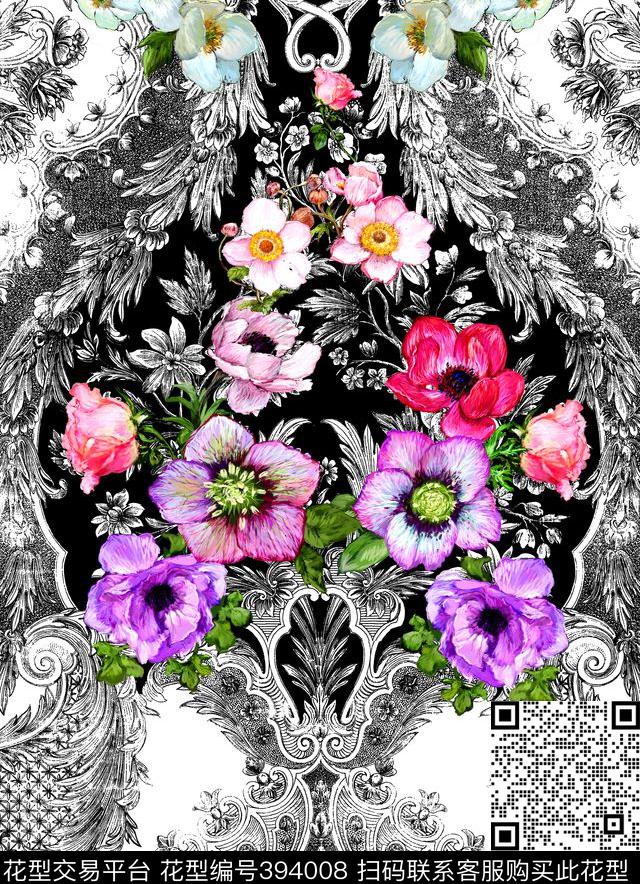 白描复古黑白线数码印花华亿平台下载（图片编号: 394008） - 瓦栏（Walan）